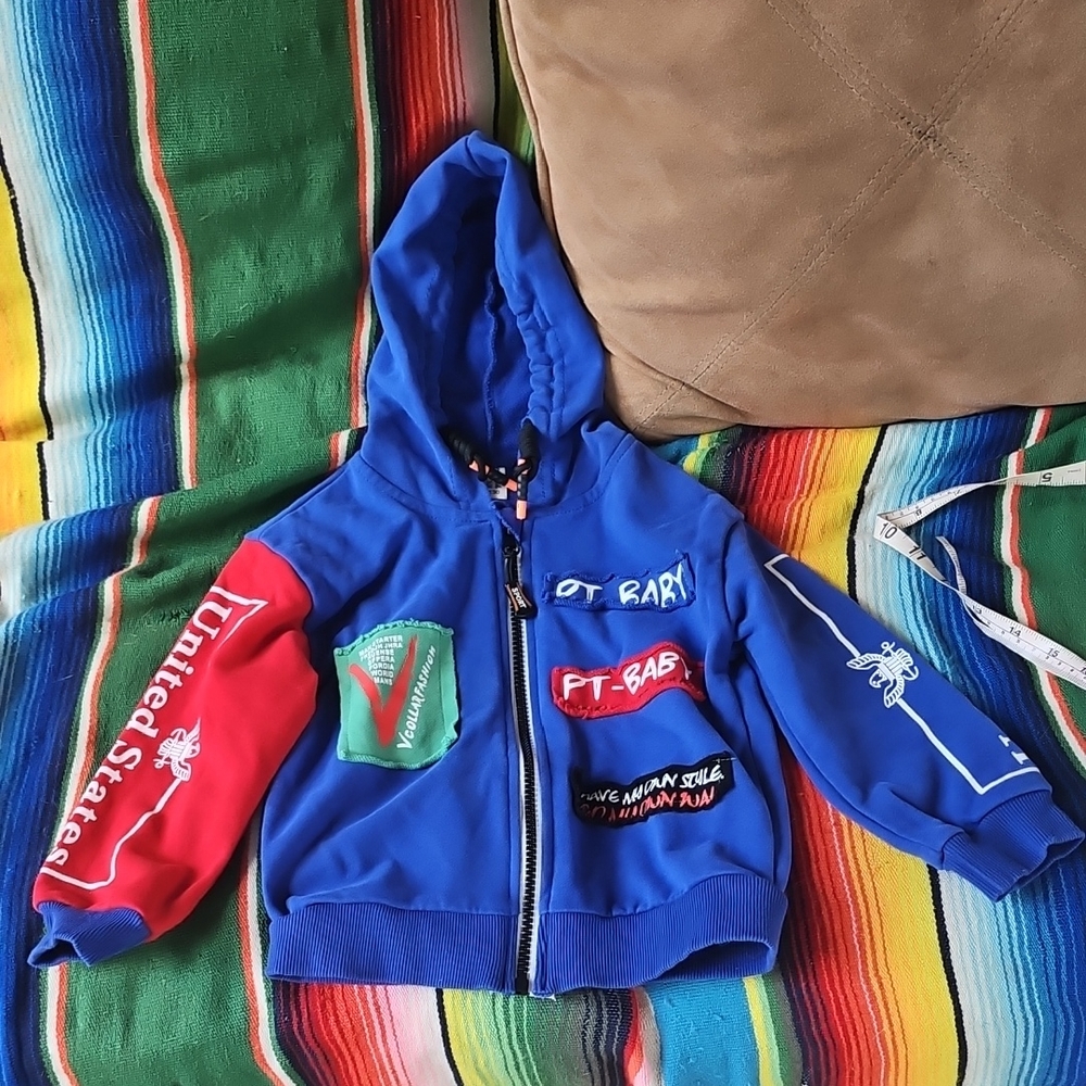 LXM Brand Kids Size 130 US 3-4T Blue Hoodie Patches Full Zip US MLJZ